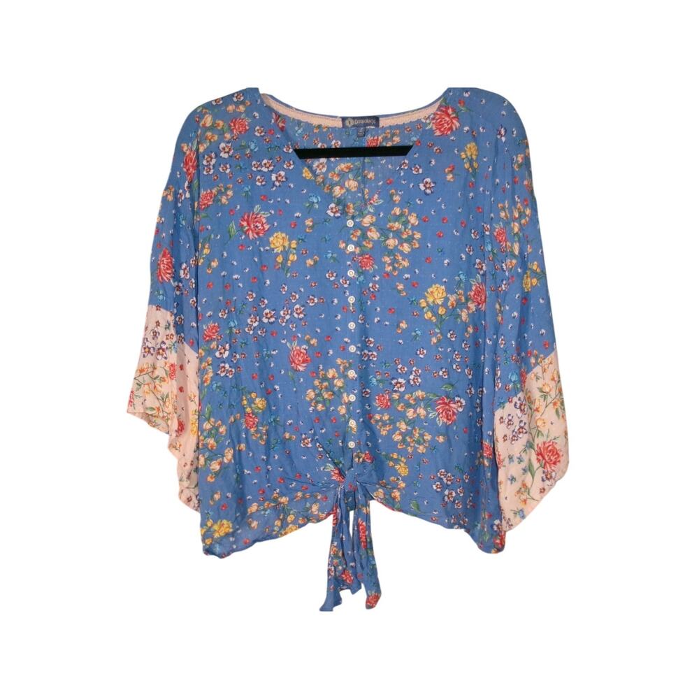 Democracy Women's L Floral Tie Front Kimono Sleeve Boho Tunic Top Blue